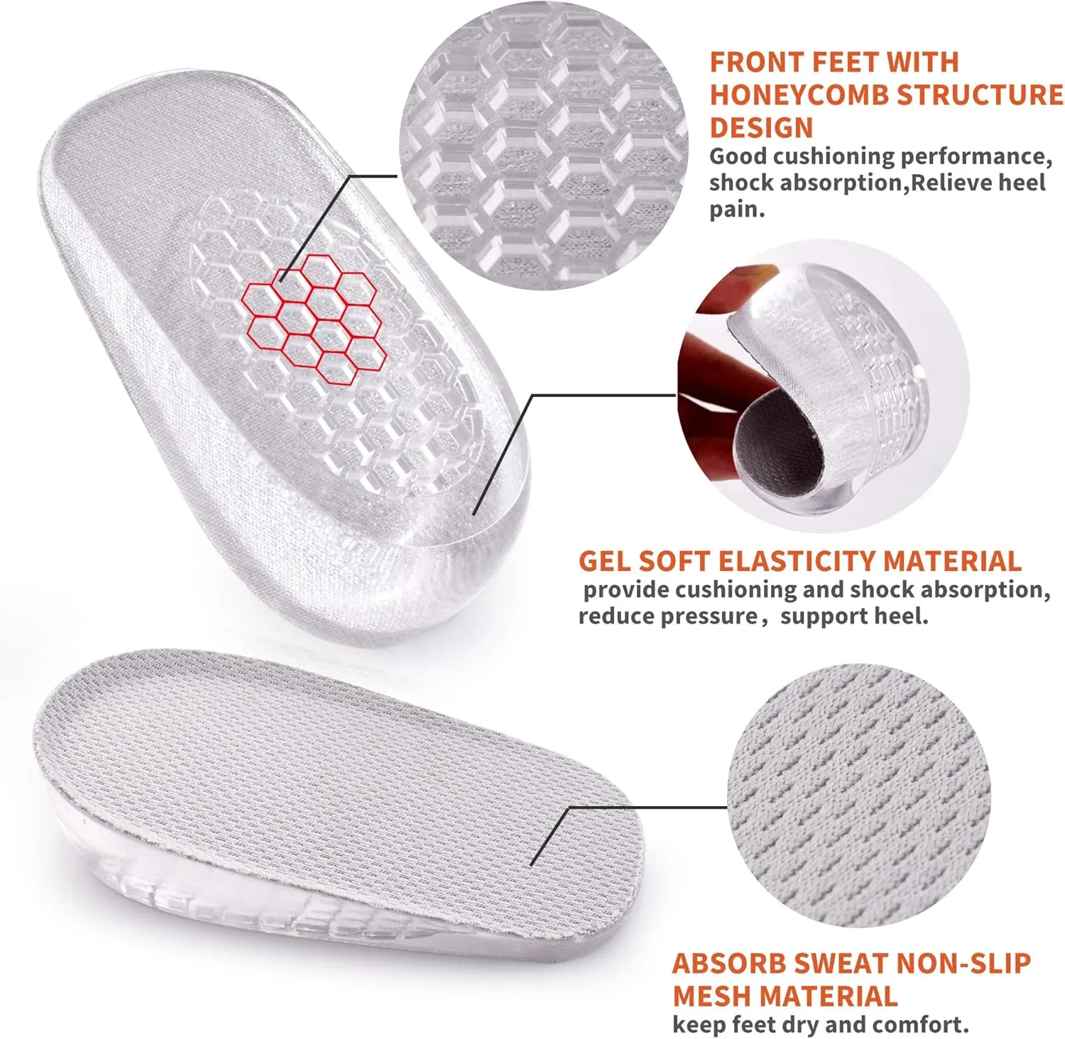 1 Pair Gel Height Increase HeelInsoles,Invisible Shoe Lifts Inserts,Cushion ElasticShock Absorption Heel Pads,Increase Height 1cm2cm 3cm for Men and Women (Gray, S for Women,heaght:2cm)