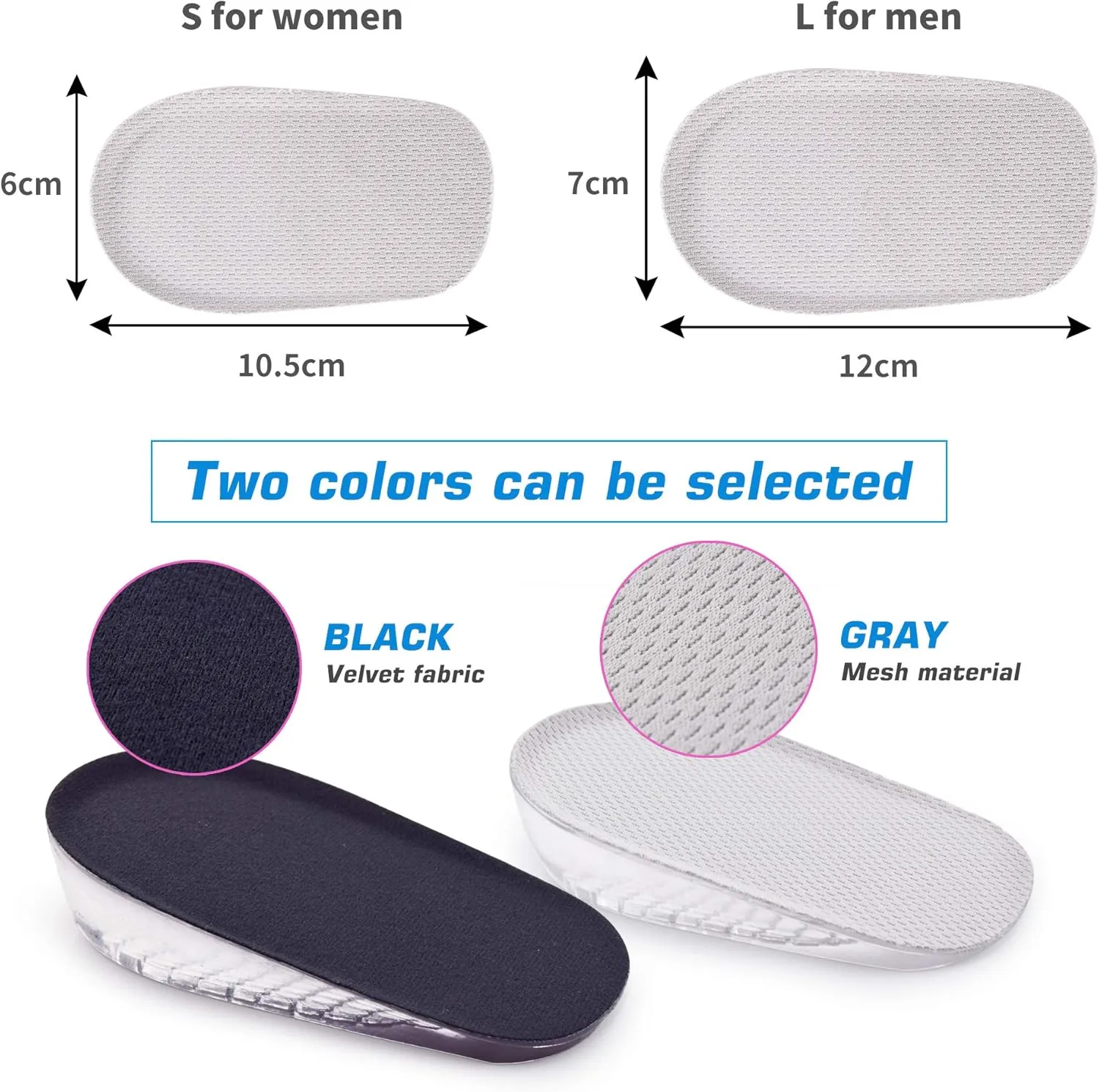 1 Pair Gel Height Increase HeelInsoles,Invisible Shoe Lifts Inserts,Cushion ElasticShock Absorption Heel Pads,Increase Height 1cm2cm 3cm for Men and Women (Gray, S for Women,heaght:2cm)