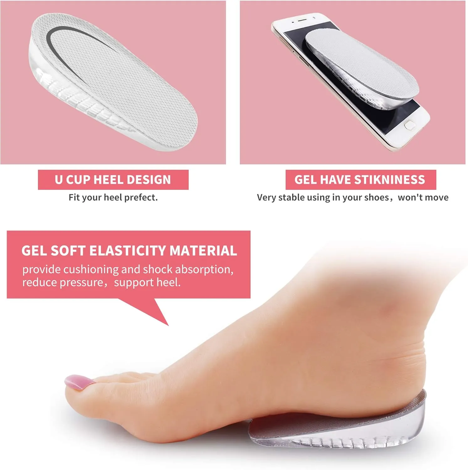 1 Pair Gel Height Increase HeelInsoles,Invisible Shoe Lifts Inserts,Cushion ElasticShock Absorption Heel Pads,Increase Height 1cm2cm 3cm for Men and Women (Gray, S for Women,heaght:2cm)