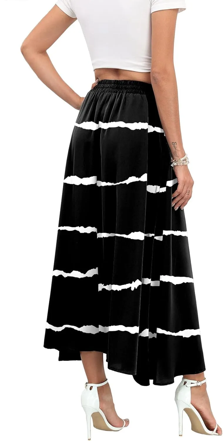 Askyes Womens Maxi Skirt Summer Trendy Tie Knot Elastic High Waisted Boho Casual Beach Flowy Swing Long Skirts with Pockets