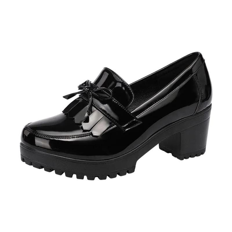 Bowknot Slip On Tassels Thick Heels Vintage Fashion Shoes