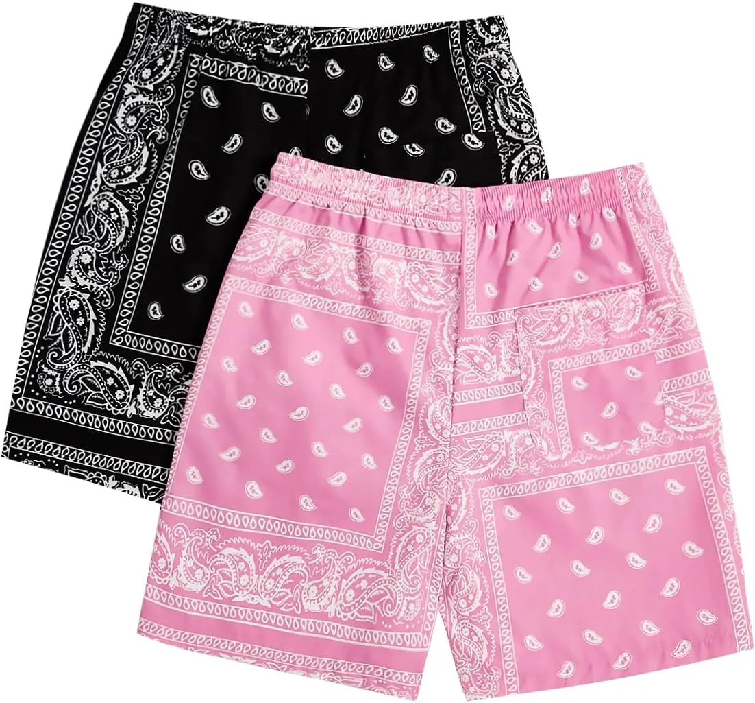 Floerns 2 Pack Men's Boho Drawstring Waist Paisley Print Summer Beach Shorts