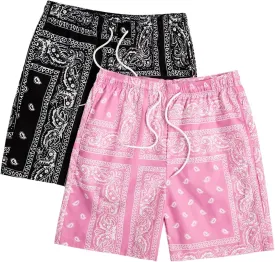 Floerns 2 Pack Men's Boho Drawstring Waist Paisley Print Summer Beach Shorts