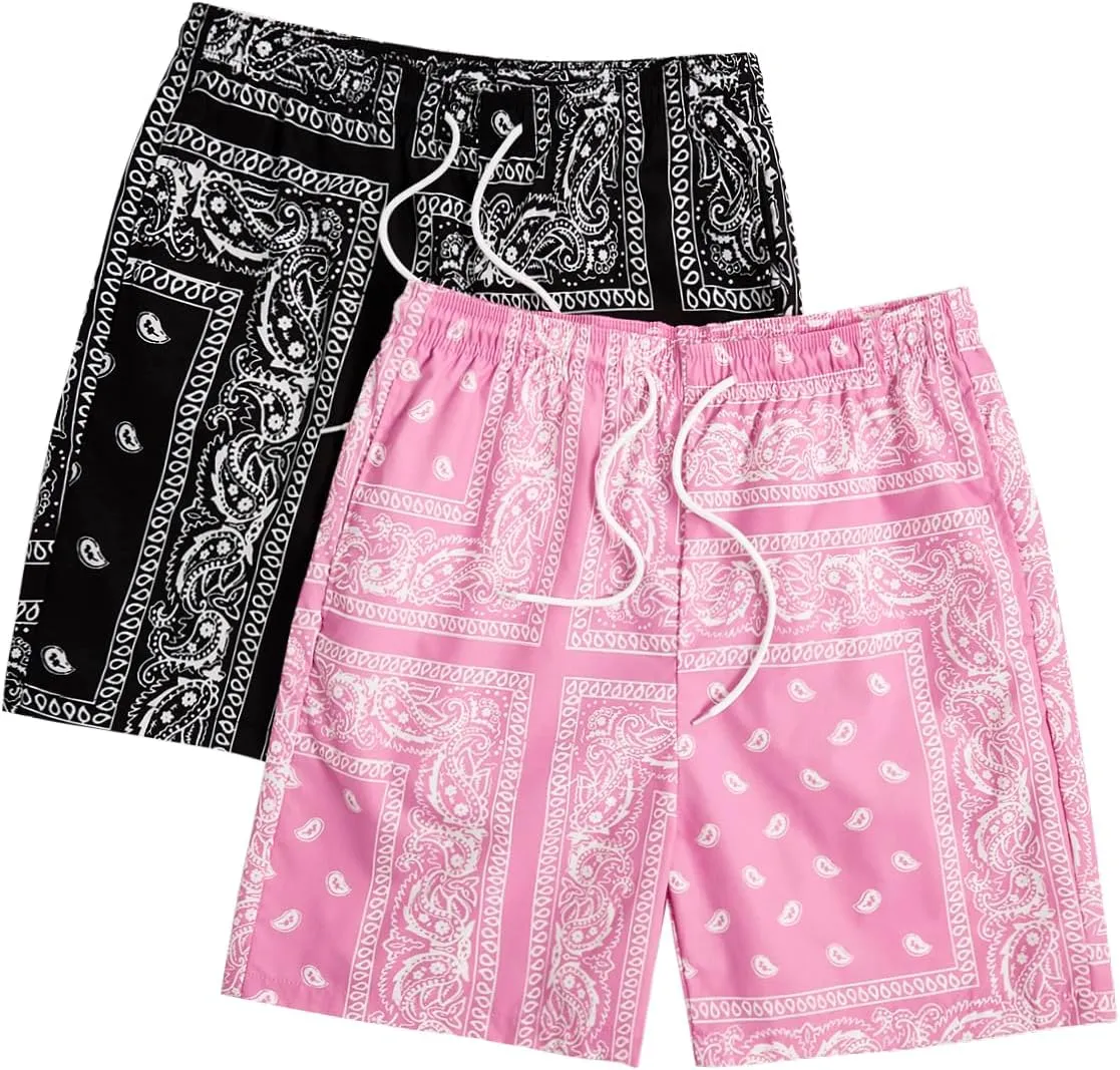 Floerns 2 Pack Men's Boho Drawstring Waist Paisley Print Summer Beach Shorts