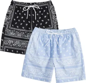 Floerns 2 Pack Men's Boho Drawstring Waist Paisley Print Summer Beach Shorts
