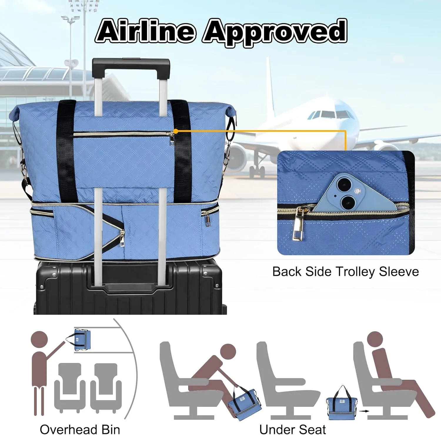 Geestock Travel Duffle Bag for Women Men, Expandable Weekender Overnight Bags with Shoes Compartment, Lightweight Carry on Personal Item Duffle Gym Bag for Travel, Airplanes, Sports (Blue)