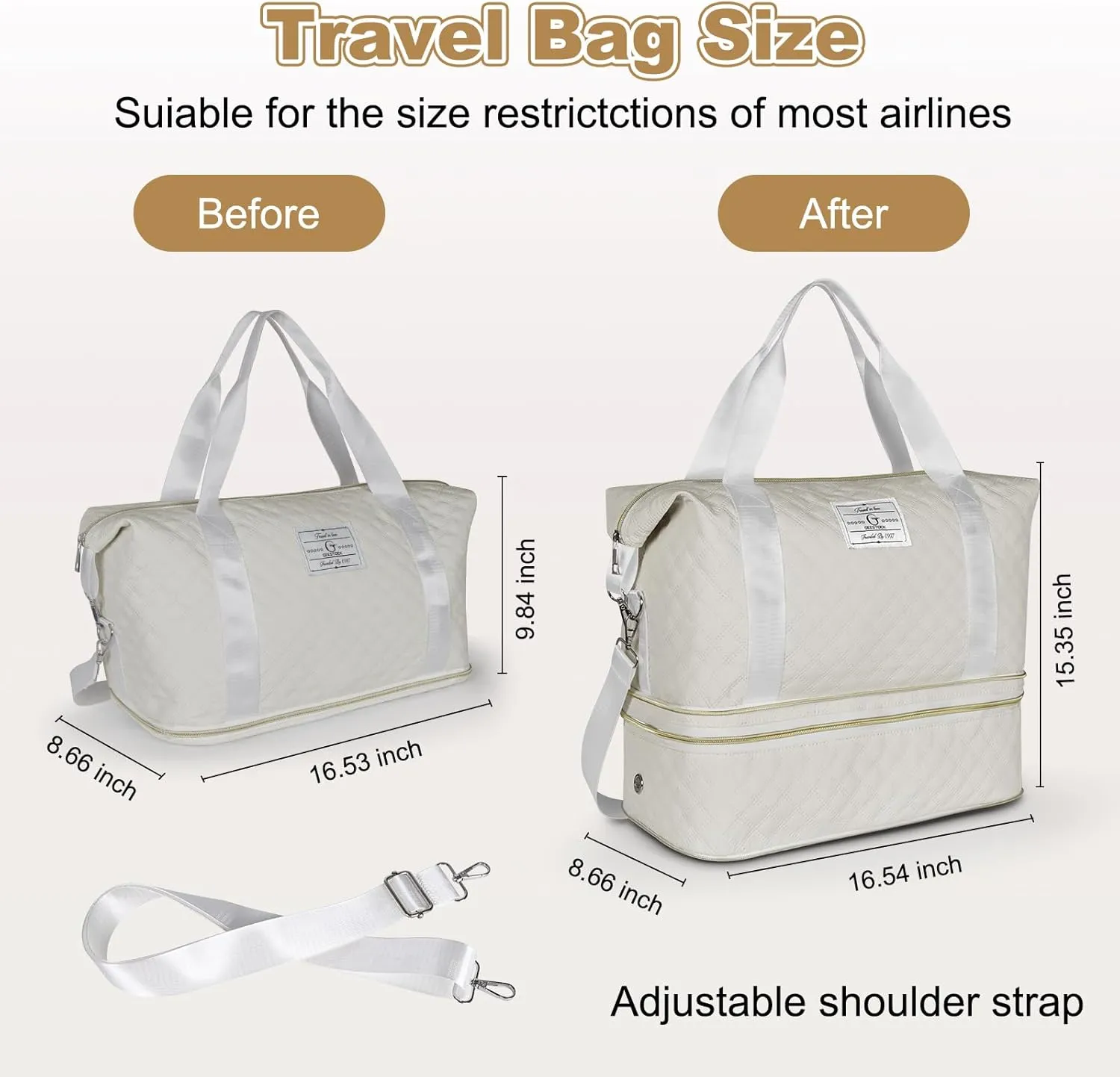 Geestock Travel Duffle Bag for Women Men, Expandable Weekender Overnight Bags with Shoes Compartment, Lightweight Carry on Personal Item Duffle Gym Bag for Travel, Airplanes, Sports (Off-White)
