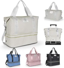 Geestock Travel Duffle Bag for Women Men, Expandable Weekender Overnight Bags with Shoes Compartment, Lightweight Carry on Personal Item Duffle Gym Bag for Travel, Airplanes, Sports (Off-White)