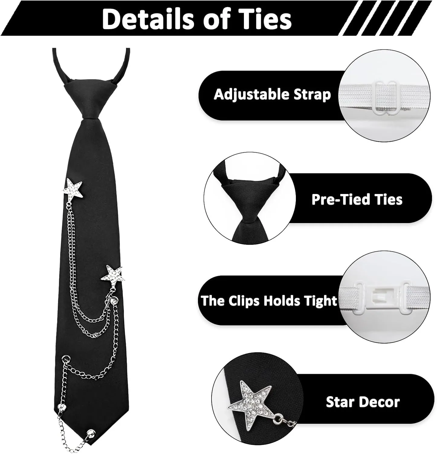 Mantieqingway Ties for Women Men, Punk Metal Chain Necktie Pre-Tied Adjustable Black Tie for Uniform, School, Shirt Accessory