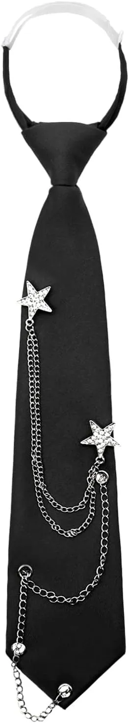 Mantieqingway Ties for Women Men, Punk Metal Chain Necktie Pre-Tied Adjustable Black Tie for Uniform, School, Shirt Accessory