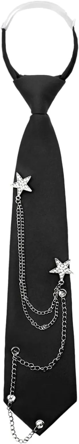 Mantieqingway Ties for Women Men, Punk Metal Chain Necktie Pre-Tied Adjustable Black Tie for Uniform, School, Shirt Accessory
