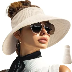 PFFY Sun Hats for Women Straw Beach Hat Packable Foldable Wide Brim Ponytail Travel Visor