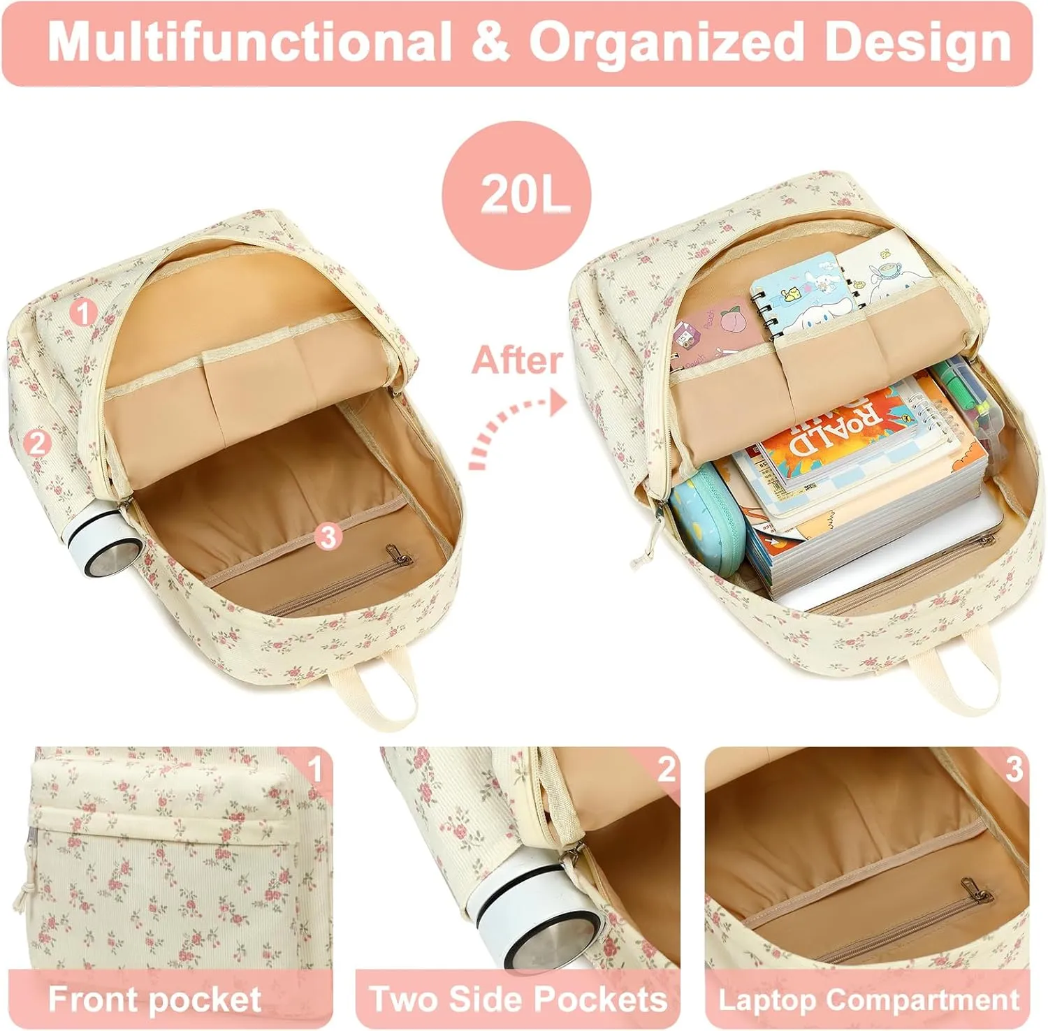 School Backpack for Teen Girls Bookbags Elementary High School Corduroy Laptop Bags Women Travel Daypacks