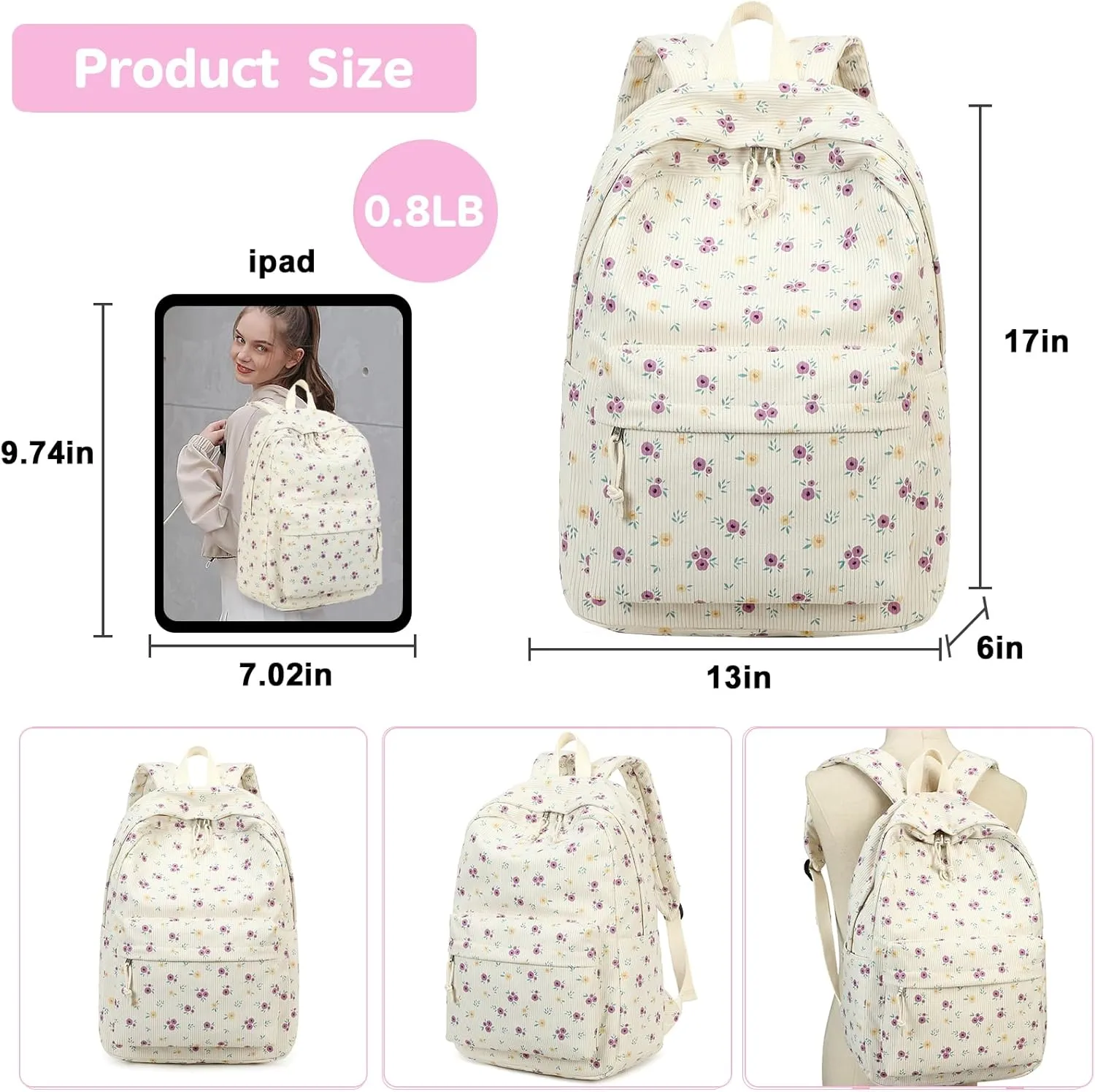 School Backpack for Teen Girls Bookbags Elementary High School Corduroy Laptop Bags Women Travel Daypacks