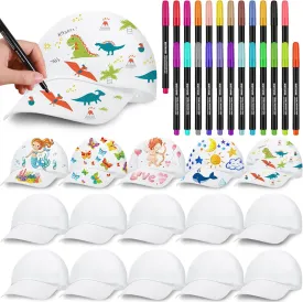 White DIY Baseball Cap Bulk for Kid Adjustable Decorate Your Own Baseball Hat with 24 Color Fabric Marker